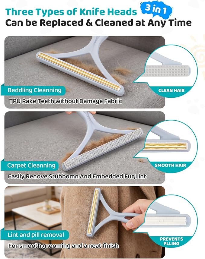Carpet Rake for Pet Hair Removal, Reusable Pet Hair Remover Tool with 54 Inch Adjustable Long Handle, 3 Piece Carpet Scraper Set with Pet Bath Brush for Rugs, Carpets, Couch and Furniture