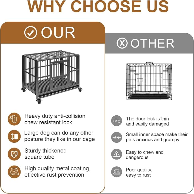 Polar Aurora Heavy Duty Dog Crate, Foldable Indestructible Dog Kennel, Escape Proof Extra Large Dog Cage with Lockable Wheels, High Anxiety Pet Playpen with Double Door for Indoor/Outdoor Use. (38in)