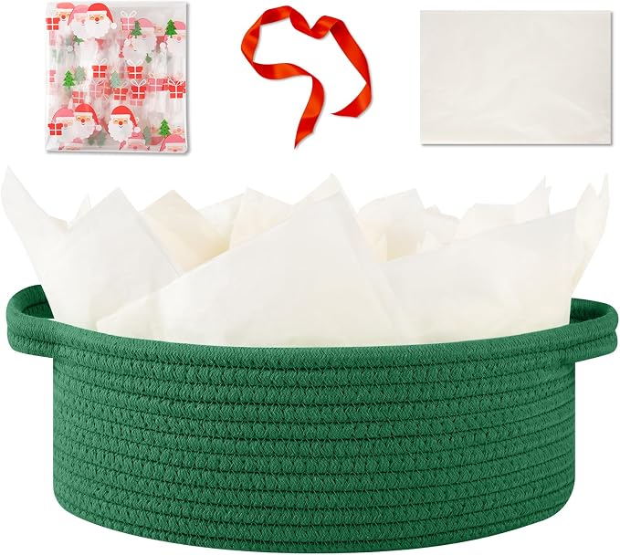 OIAHOMY Gift Basket with Handle, Small Woven Basket with Gift Bag, Ribbon and Wrap Tissue Paper, Nursery Bins Empty to Fill with Small Items, Baby, Pet Toy Organizer - Christmas Green