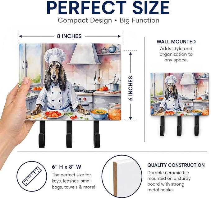 Caroline's Treasures Afghan Hound The Chef Leash or Key Holder Wall Hooks, Key Hooks Holder, Coat Rack Wall Mount, Coat Hooks, Hooks for Hanging Keys, Towels, Aprons, Leashes | Afghan Hound The Chef artwork on ceramic tile with three steel hooks for ke...