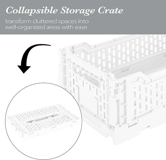 Simplify 4LT Collapsible Storage Crate | Small | Foldable | Stackable | Plastic Bin | Home Organization | Dorm | Office | Crafts | Shelf | White