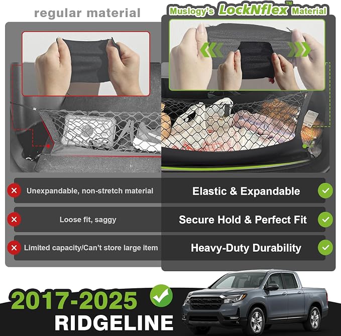 Muslogy Cargo Net for Honda Ridgeline 2017-2025 2026 Accessories | Custom Fit, Trunk Storage Organizer Net for SUV Sedan Van Divider, with Heavy Duty Carabiners, Night Visible Grab Handle