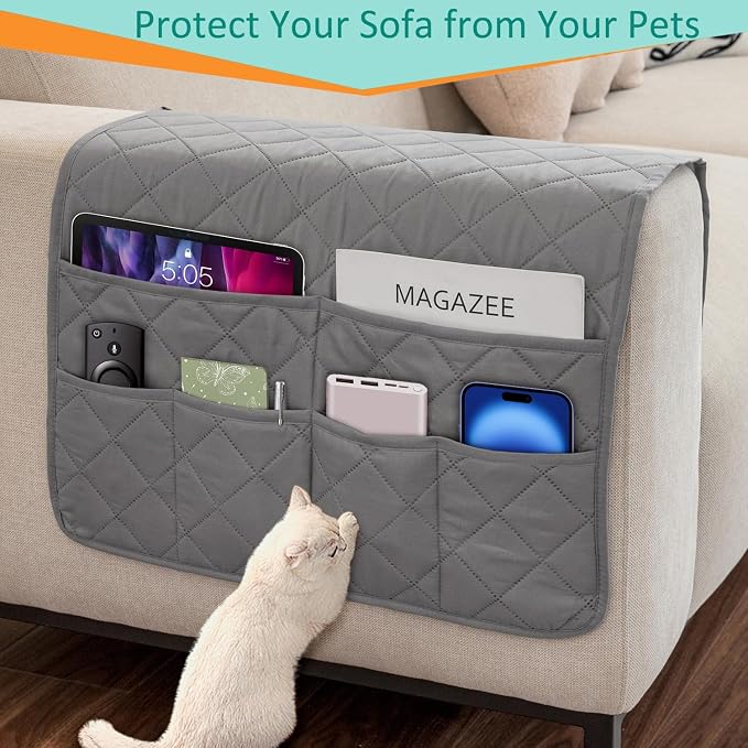 Remote Control Holder for Recliner Non-Slip Armchair Caddy Couch Armrest Organizer, Arm Chair Bedside Caddy Storage Organizer for Recliner Couch With 6 Pockets for Magazine, Tablet, Phone, iPad (Grey)