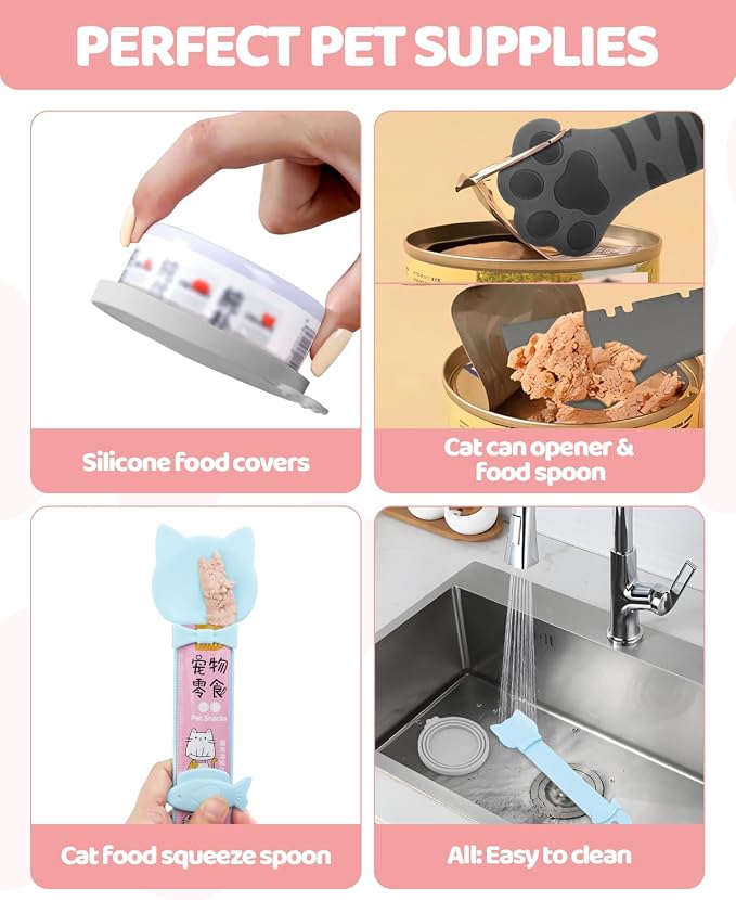 5 PCS Cat Food Can Covers Lids Set, Silicone Pet Food Can Lids with Multi-Function Cat Food Spoon and Opener, Cat Bar Squeezer, Stainless Steel Wet Food Spoon for Cats and Dogs (Pink) (Grey)