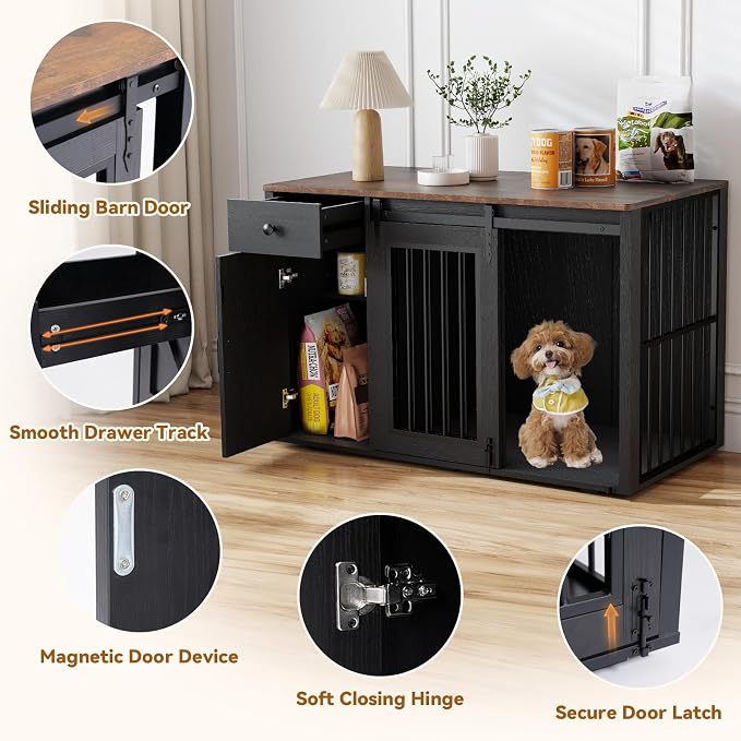 Verano Garden 44" Dog Crate Furniture, Dog Kennel (44" Left Facing Door) | 2-in-1, Lockable, Sliding Door, Removable Divider, Adjustable Shelf, Farmhouse, Heavy Duty, Small Medium Dogs, Black