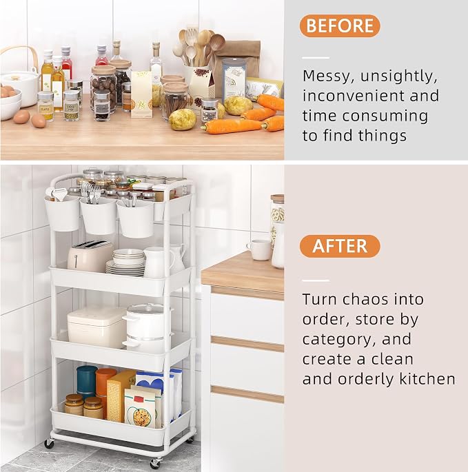 4-Tier Plastic Rolling Storage Cart Utility Cart White | Utility Cart with Extra Hanging Cups Arc-Shaped Handles Lockable Wheels for Living Room Bathroom Kitchen Office