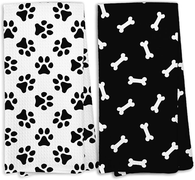 Black and White Dog Paws Kitchen Towels, Dog Mom Dad Lovers Gifts Dish Towels for Kitchen, Dogs Bathroom Hand Towels Decorative Set of 2, Pet Lover Gifts for Women Men Home & Kitchen