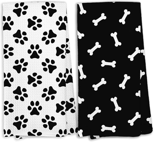 Black and White Dog Paws Kitchen Towels, Dog Mom Dad Lovers Gifts Dish Towels for Kitchen, Dogs Bathroom Hand Towels Decorative Set of 2, Pet Lover Gifts for Women Men Home & Kitchen