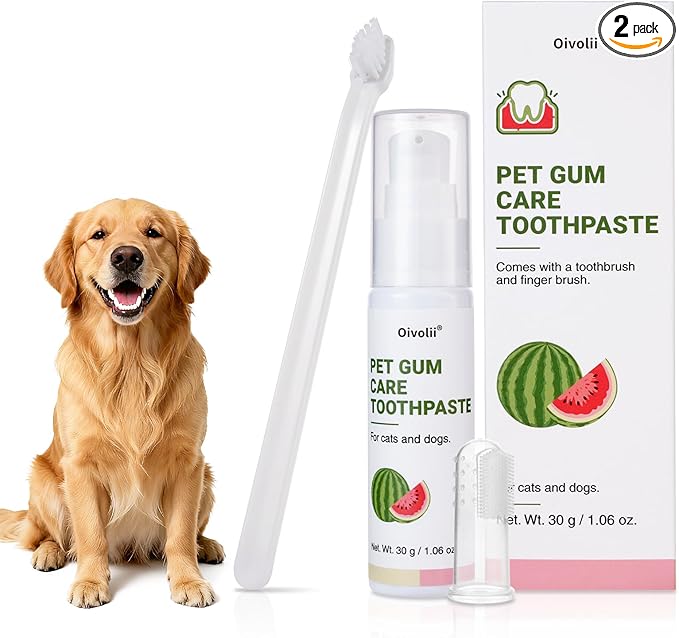 Dog Toothpaste Kit for Gum Care – Watermelon Flavor Dental Toothpaste with Finger Brush & Long-Handle Toothbrush – Reduces Plaque, Soothes Gums, Freshens Breath – Safe for Daily Use