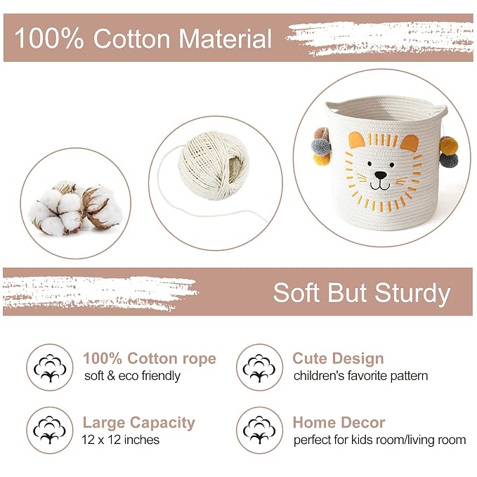 Toy Storage Baskets Cute Laundry Basket with Handles Dog Toy Storage Basket Durable Large Cotton Rope Storage Bins Home Organizer Solution for Office, Bedroom, Closet, Toys & Laundry (Lion)