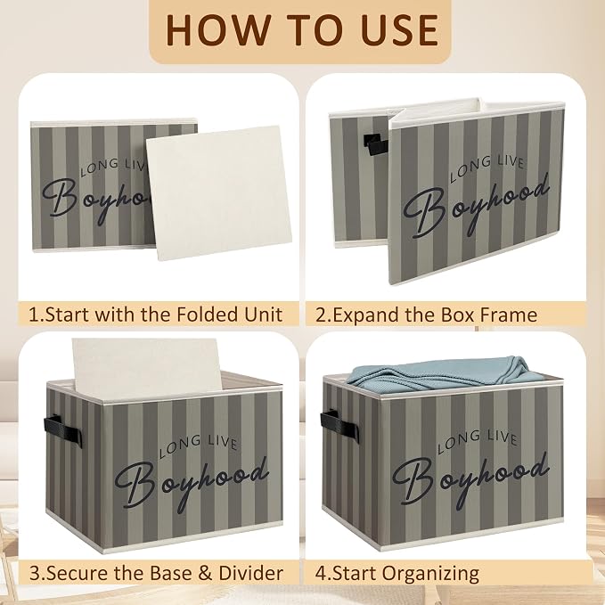 Boy Nursery Long Live Boyhood Foldable Storage Bins Box with Handles, Grey Striped Decorative Storage Boxes Baskets Toybox Organizer for Kids Boy Nursery Toddler Room Bedroom Playroom