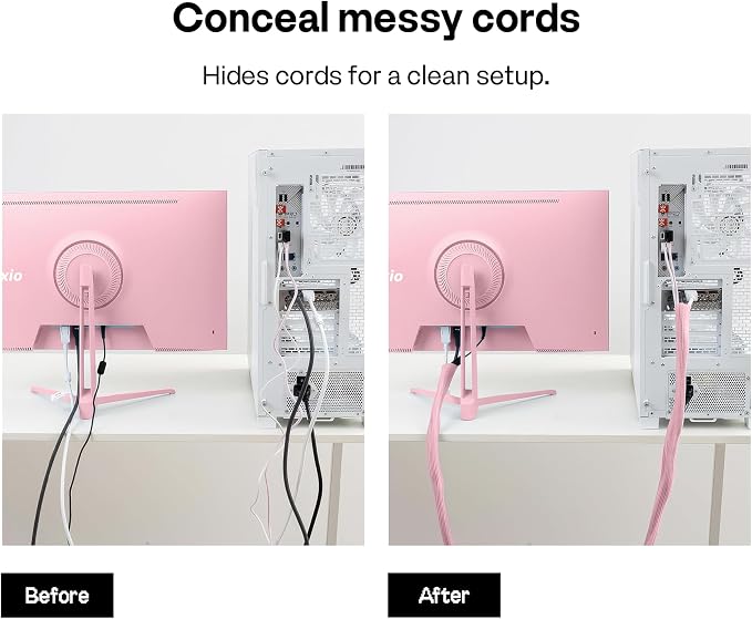 Pixio 10FT Tubing Cable Sleeve – Pink 1/2 inch Flexible Cable Management Sleeve for PC, Gaming, TV & Office, Wire Organizer for Desk Cable Cleanup