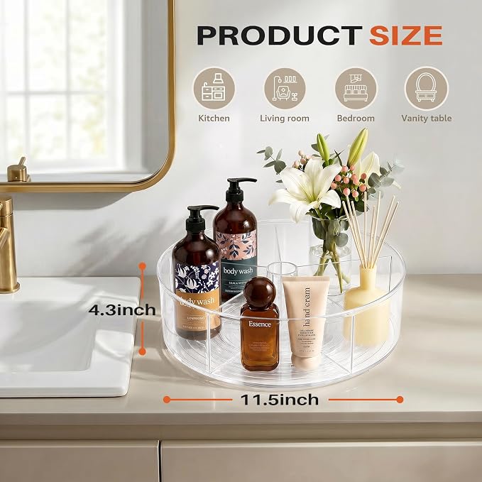 Divided Lazy Susan Turntable Organizer, 11.5" Clear Round Lazy Susan | Rotating Turntable Organizer, Plastic Lazy Susan Turntable, Rotating Storage Container Tray for Pantry, Fridge and Kitchen