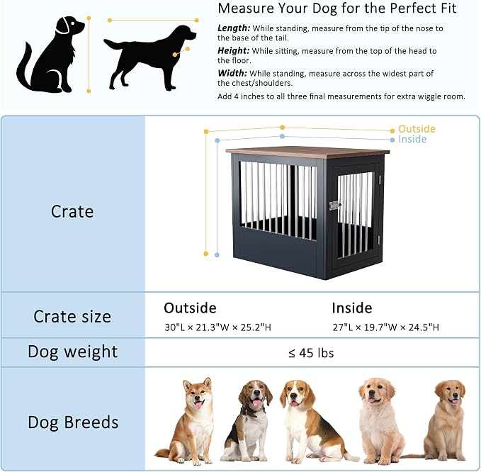 30" Wooden Dog Crate Furniture,Medium Kennel Pet Cage End Table for Indoor | for Small Medium Dogs, Grey and Wood, Fits Living Room Bedroom, Heavy Duty Steel Frame with Lock 45 lbs Cap, 100 lbs Top.