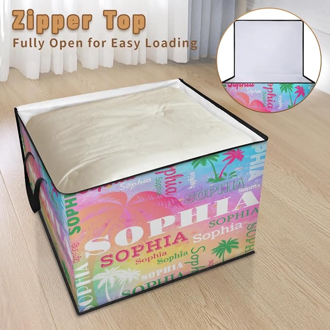 Custom Extra Large Storage Baskets Name with Lid, Green Pink Tropical Palm Tree Personalized Storage Bins Boxes Handles for Clothes Blanket Bedroom Closet Shelves, Painted Blue Pink Background