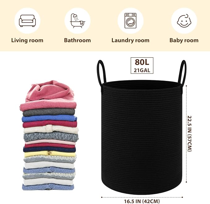 OIAHOMY 80L Nursery Hamper Laundry Basket Laundry Hamper Black | collapsible Blanket Basket Cotton Rope Woven Basket Dirty Clothes Hamper Baby Hamper Tall Clothes Hamper with Handles