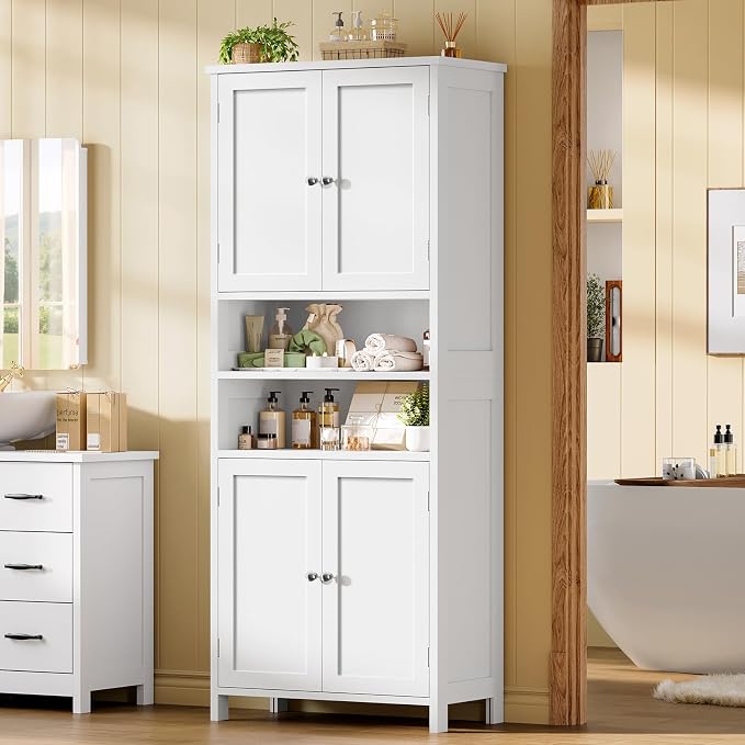 TEENFON 66.9" H Tall Bathroom Storage Cabinet with 4 Doors & 2 Open Shelves | Bathroom Cabinet with Adjustable Shelves, Large Capacity Cabinet for Kitchen, Living Room, Entryway, Laundry & Pantry, White