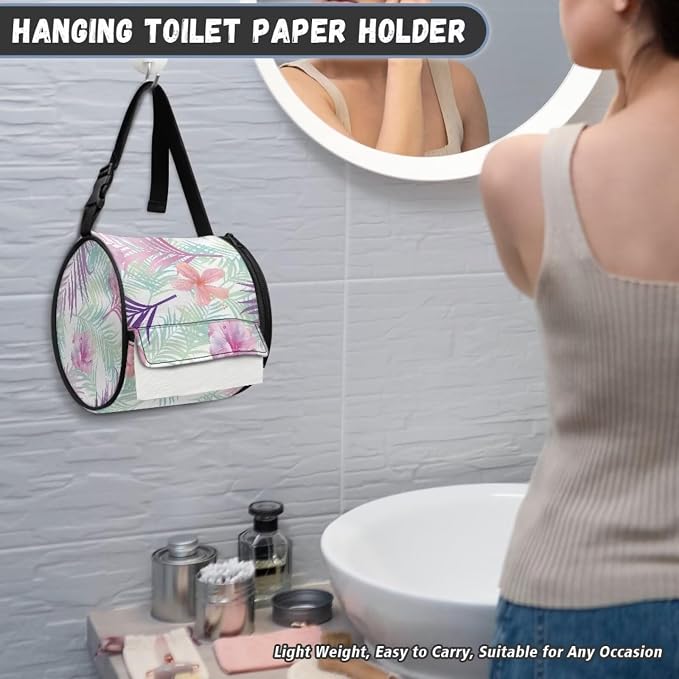 Modern Kitchen Bathroom Hanging Toilet Paper Tropical Leaves Tissue Holder Wall Mounted Tissue Towel Roll Holder with Adjustable Strap Easy Installation