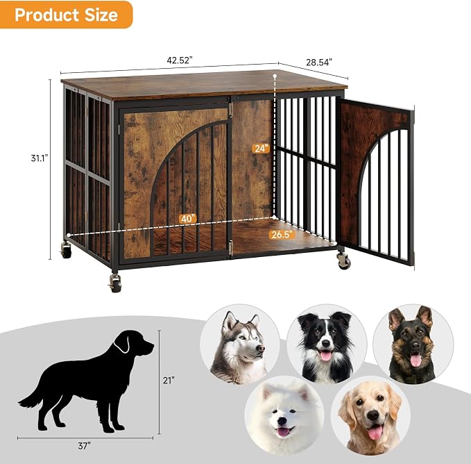 ONBRILL 43" Heavy Duty Foldable Dog Crate Furniture, Large Dogs, Brown | Fold it away when needed, while easy-glide wheels and spring locks add convenience to everyday use