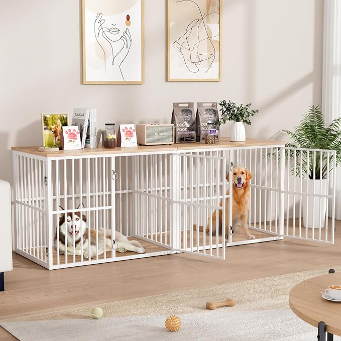 VOWNER 86.7" Double Dog Crate Furniture for 2 Large Dogs, White/Natural | Heavy Duty Wooden Dog Kennel with Removable Divider, XXL Dog Cage TV Stand End Table with 4 Doors, Double Locks for Each Door