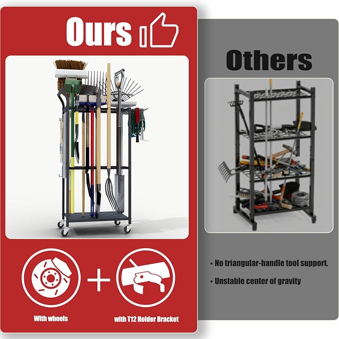 Faesun Garden Tool Organizer with Wheels, Rolling Yard Tool Rack with 14 Hooks & 5 Slots, 3-Tier Metal Cart Holds 50+ Rakes/Shovels/Brooms, Mobile Lawn Storage for Garage Shed Outdoor