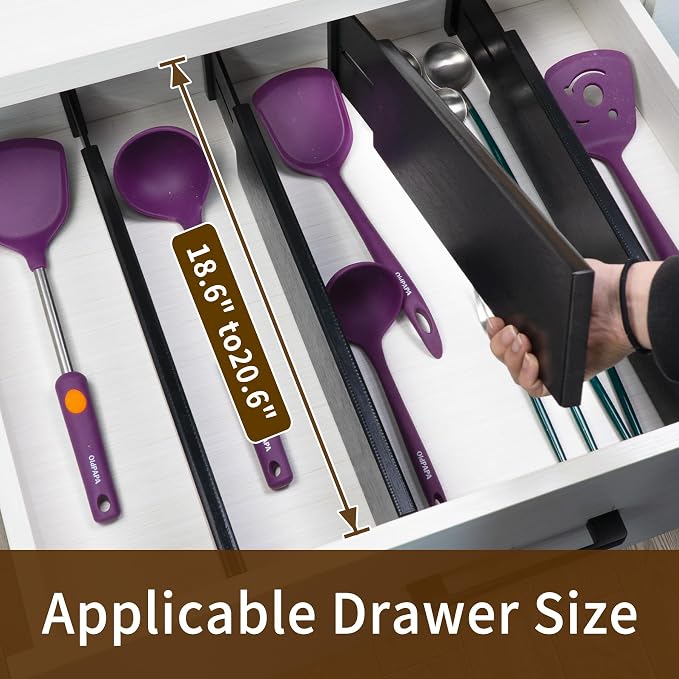 Utoplike Bamboo Drawer Dividers Large, 4" High Kitchen Drawers Organizers | For Utensils, Clothing，Spring Loaded, Works in Bathroom, Dresser, Desk, 4 PCS, Black, Fit for 18.6" to 20.6" Inner Drawer
