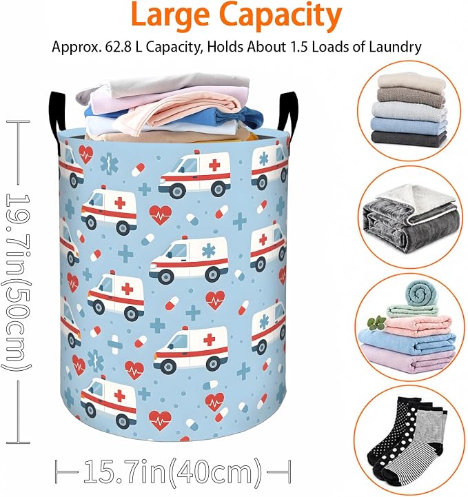 Ambulance Laundry Basket, Medical Vehicle Oxford Cloth Dirty Clothes Collapsible Hamper for Room Decor, Cute Medical Theme Gifts, Toy Organizer 19.7 x 15.7 Inches for Bedroom Bathroom Dorm