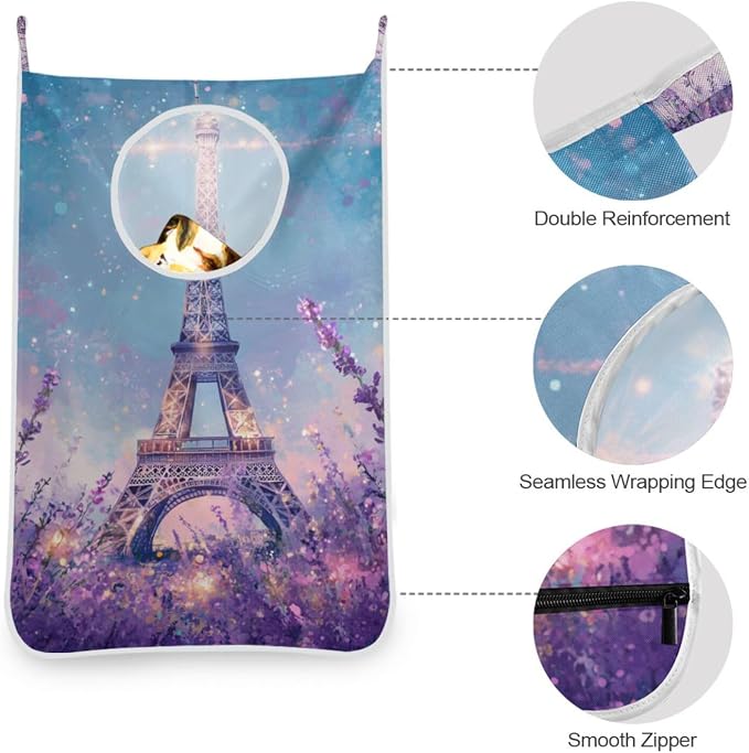 1PC Hanging Laundry Hamper Bag Over the Door Laundry Hamper Wall Hamper Large Dirty Clothes Hamper with Stainless Steel Hooks 29.5x20Inch Lavender Eiffel Tower Purple