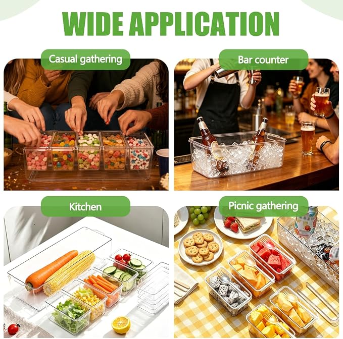 OBTANIM 16 Inch Ice Chilled Condiment Server Caddy Plastic Clear Food Storage Container Garnish Tray with Separate Lid and 5 Removable Compartments for Bar Party Fruit Salad