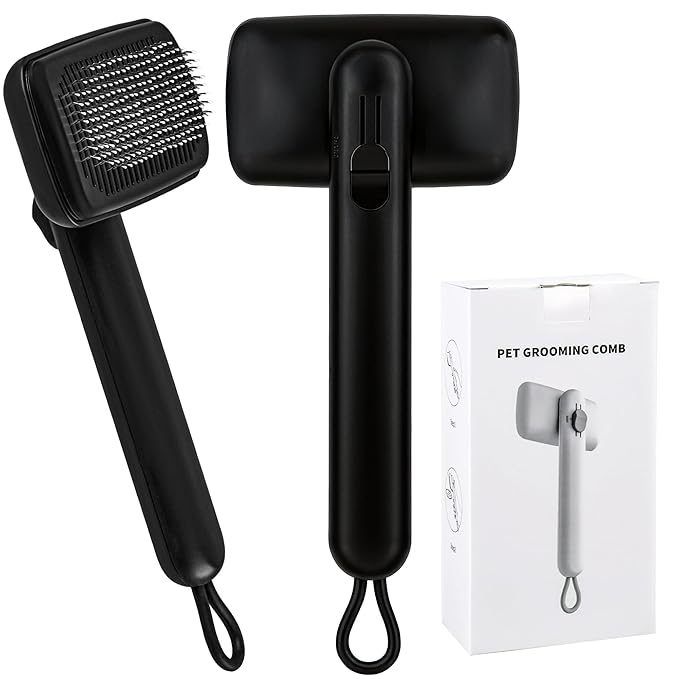 Self Cleaning Slicker Brush for Dogs Cats, One Click Hair Removal, Deshedding Brush for Long Short Haired Pets, Reduce Shedding & Remove Mats - Black