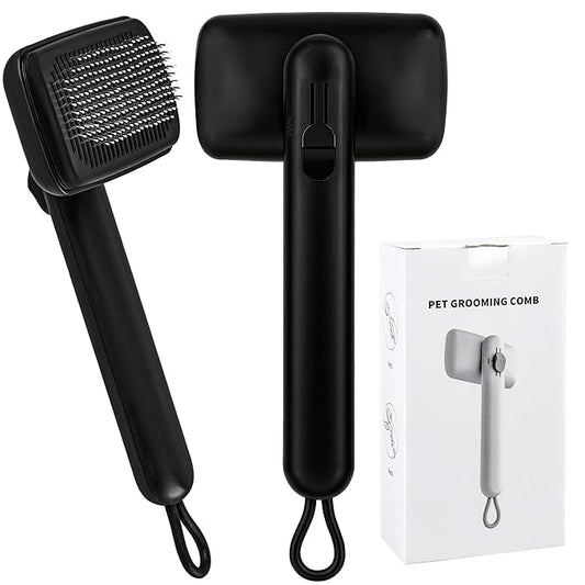 Self Cleaning Slicker Brush for Dogs Cats, One Click Hair Removal, Deshedding Brush for Long Short Haired Pets, Reduce Shedding & Remove Mats - Black