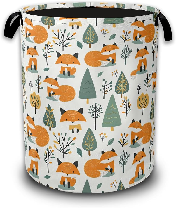 Laundry Basket Cute Fox Collapsible Laundry Baskets Waterproof Oxford Cloth With Handles,Forest Animal Laundry Hamper Clothes Storage Bucket Toy Organizer for Bathroom/Nursery/Bedroom 16" x 20.8"
