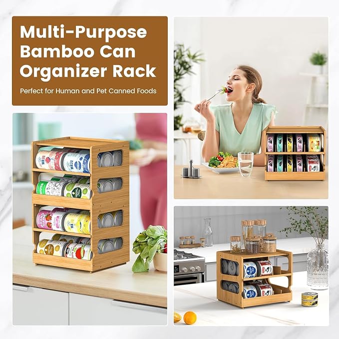 Stackable Bamboo Cat Food Can Organizer, Cat Canned Food Organizer Storage | 2-Tier Adjustable Stacking Can Dispensers, First-In & First-Out System, Holds Up to 36 Cans - for Pantry, Cabinet, Countertop