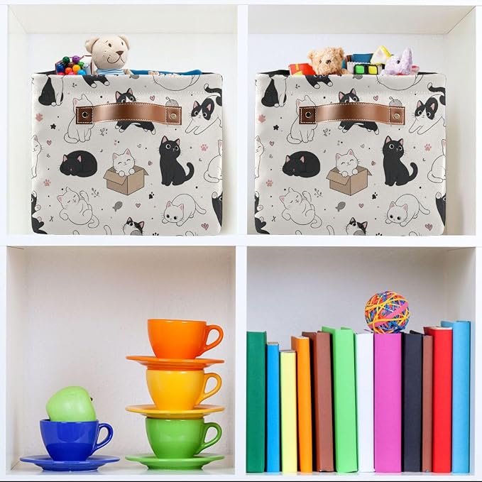 Kigai Storage Basket, Fabric Collapsible Closet Organizer Bin | Cute Cats Waterproof Foldable Canvas Basket with Handles for Shelves, Nursery, Closet, Bedroom & Bathroom