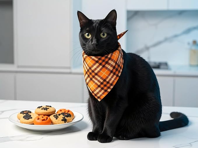 Fall Dog Bandanas 2PCS Halloween Pumpkin Spider Web Small Dog Cat | Reversible dog bandanas for fall & Halloween & Thanksgiving. Orange plaid/pumpkin/Spider Web design. Fits small dog cat
