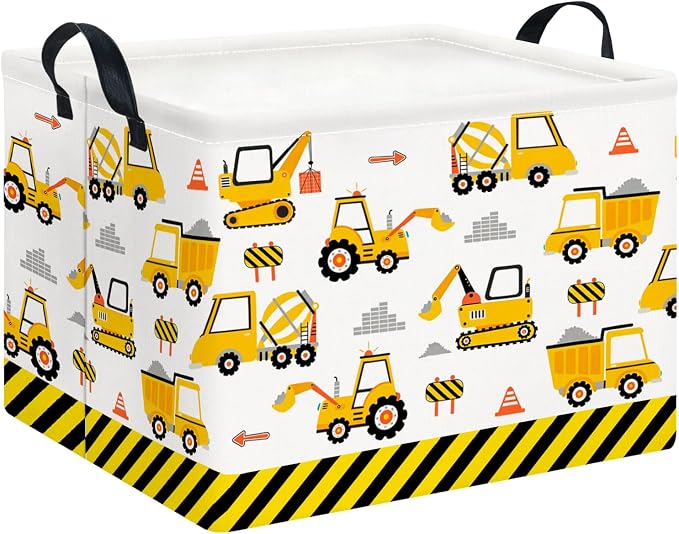 CLOCOR Rectangular Storage Basket,Collapsible Cute Pattern Storage Bin,Waterproof Box with Handles,Gift Basket(Engineering Vehicle)