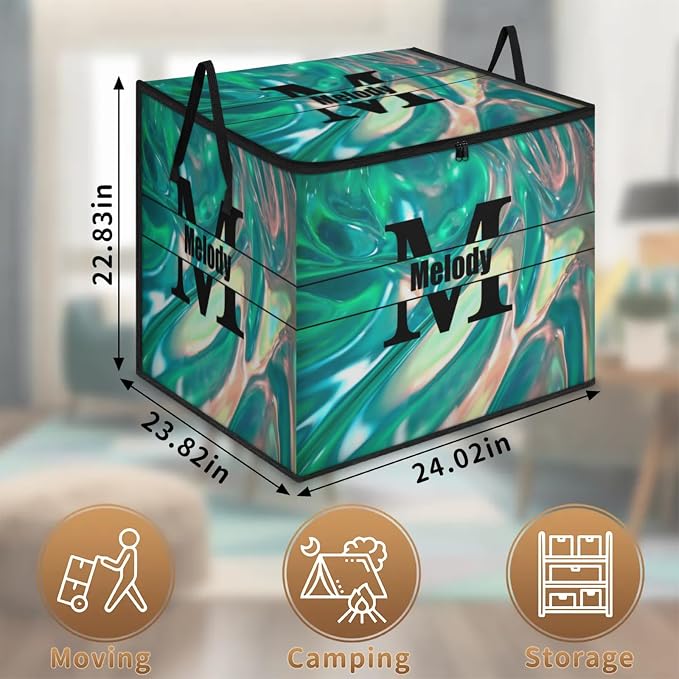 Custom Name Large Clothes Storage Organization with Lids, Black Initial Letter Kids Toys Bin Shelf Basket, Bedding Clothes Storage Bin for Nursery, Gift Basket, Abstract Green Pattern