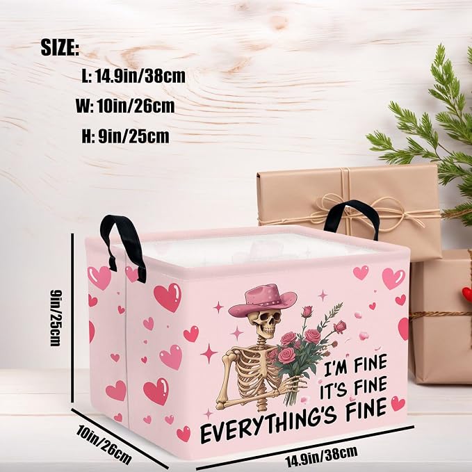 Valentine's Day Basket Gift for Empty Cute Heart Large Storage Bin for Kid and Baby Room Décor (Pink Rose Skull Heart)
