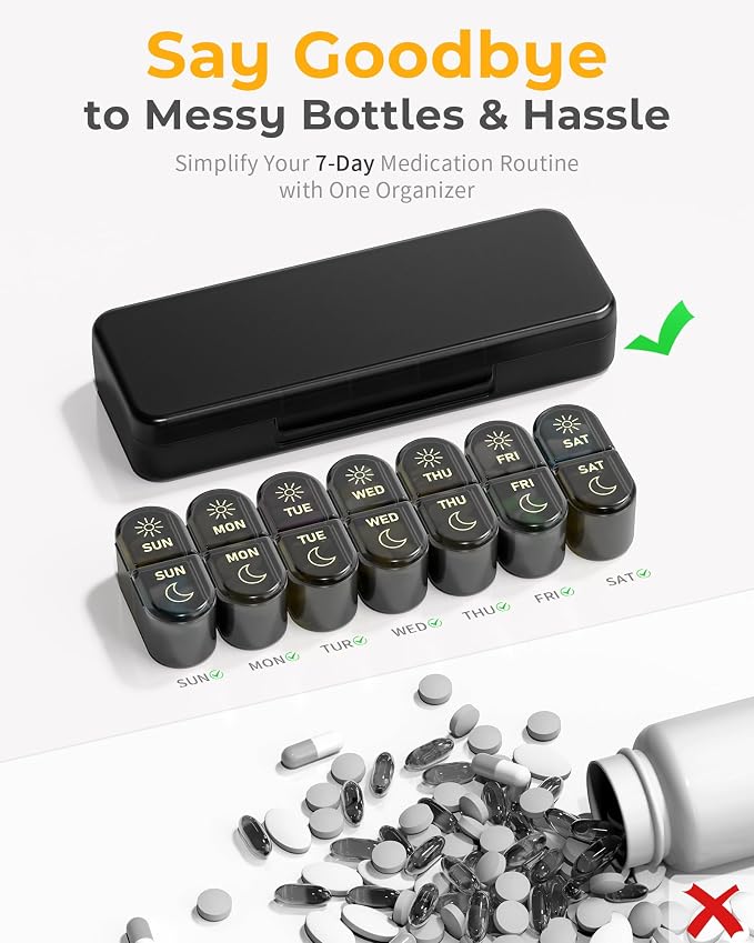 Pillex Weekly Pill Organizer 2 Times a Day, AM PM Pill Organizer 7 Day, Large Pill Box 7 Day, Travel Pill Case Daily, Black Privacy Protection Medicine Container for Medication, Vitamins, Supplements