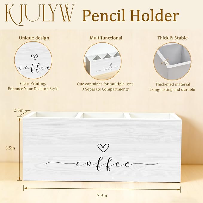 Coffee Pen Holder for Desk, Coffee Lover Gifts, Barista Gifts Wooden Box Pencil Pen Holder Organizer for Home Office Cafe Shop Desk Accessories