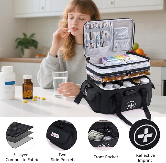 BAGSFY 3-Tier Medicine Organizer with Combination Lock – Large Medicine Bag, Empty First Aid Kit Case, Pill Bottle Medical Supply Organizer, Travel Prescription Bag, Medication Storage Container