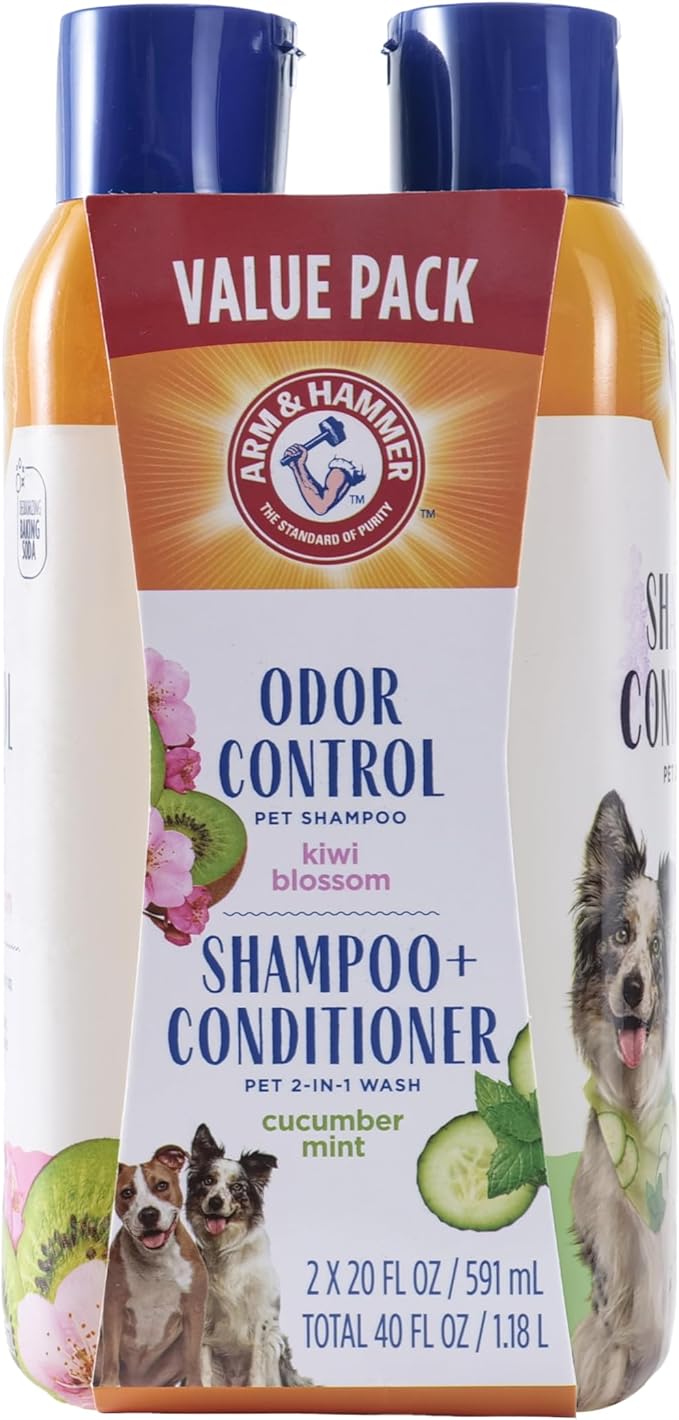 Arm and Hammer for Pets Dog Shampoo Combo Pack with Baking Soda for Odor Control | Deodorizing Kiwi Blossom Dog Shampoo and 2-in-1 Shampoo & Conditioner Cucumber Mint | 20 Oz Bottles