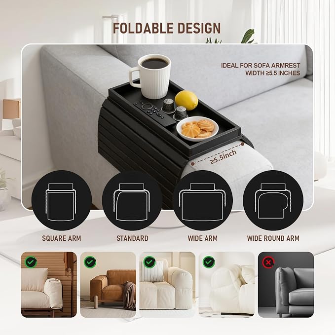 Bamboo Sofa Arm Tray Table, Foldable Couch Arm Tray Side Table, Anti-Falling Armrest Tables Cup Holder for Snacks, Couch Armrest Organizer, Serving Tray for Snacks and Drinks (Black)