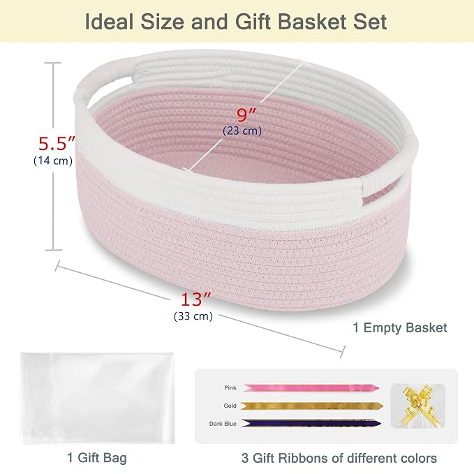 Small Woven Gift Basket with Bag & Ribbons, Light Pink | Cotton Rope, 13”x 9”x 5.5”, Fits for Kids, Women & Men, Bedroom, Living Room, Nursery & Bathroom Storage, Cat & Dog Toy Boxes