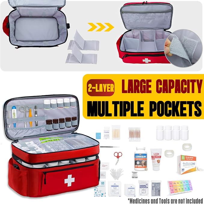First Aid Bag Empty 2-Layer Large 16" x 9½"x7 Red | Reinforced Medical Bag Pill Bottle Box Portable Emergency Bag for Outdoor & Home, Travel Madicine Bag with Shoulder Strap