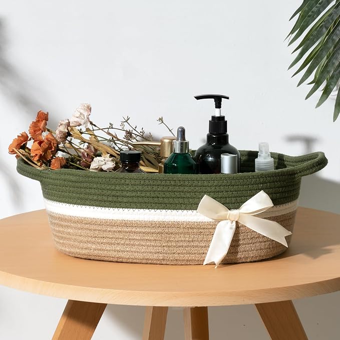 CHICVITA Small Woven Rope Gift Basket, Decorative Burr Basket, Green Brown | 13" x 10" x 5" Storage Baskets for Toys, Towels & Diapers, Fits Nursery & Home Christmas Decor, Built-In Handles, Bow Design