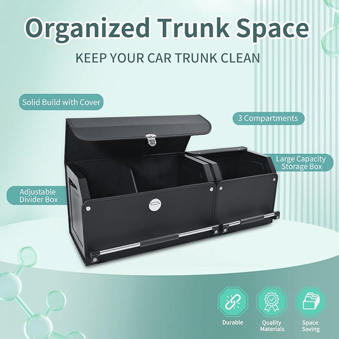 Leather Car Trunk Organizer SUV Trunk Organizer Car Trunk Storage Organizer | Large Trunk Organizer with Lid and Sturdy Handle Car Cargo Storage Box (Black, 36.2 x 11.4 x 12.2in)