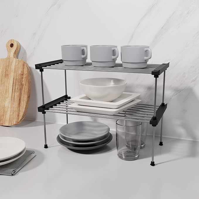 Set of 2 Stackable Cabinet Organizer Shelf 15.7 x 7.8 x 6.1 Black | Kitchen Counter Shelves, Kitchen Cabinet Organizers and Storage, Pantry Storage Shelf Organizer