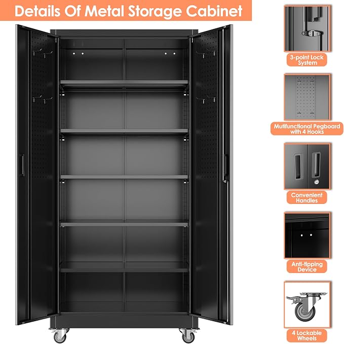 Garage Storage Cabinet with Wheels and Pegboard Doors, Black | 71"H x 34"W x 18"D steel cabinet with 5 adjustable shelves, 4 casters, 4 hooks and 3-point locking; assembly required.