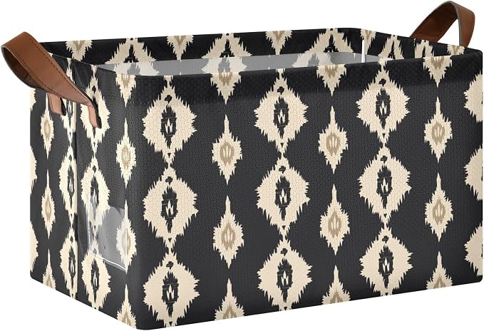 Ikat Black and Beige Abstract Storage Bins for Shelves with Labels&Handles Fabric Organizer Bin Foldable Rectangle Storage Basket Boxes for Closet, Bathroom, Home, Living Room